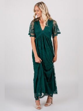 Pinkblush Forest Green Lace Maxi Dress Mesh Overlay Boho Wedding Guest M
